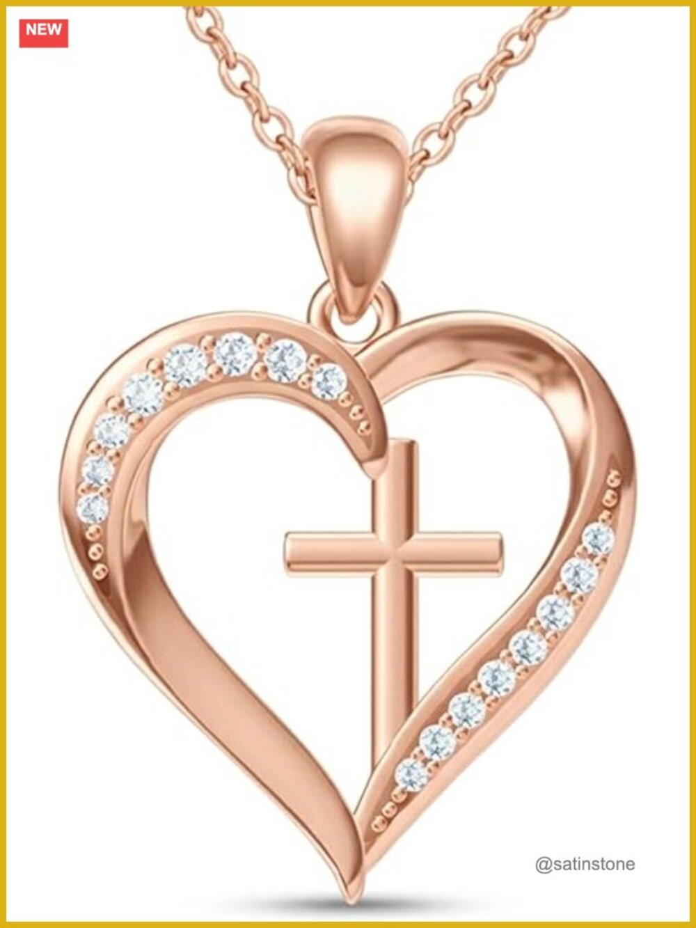 Rose Gold Plated Heart Cross Pendant Necklace for Women Christian Religious